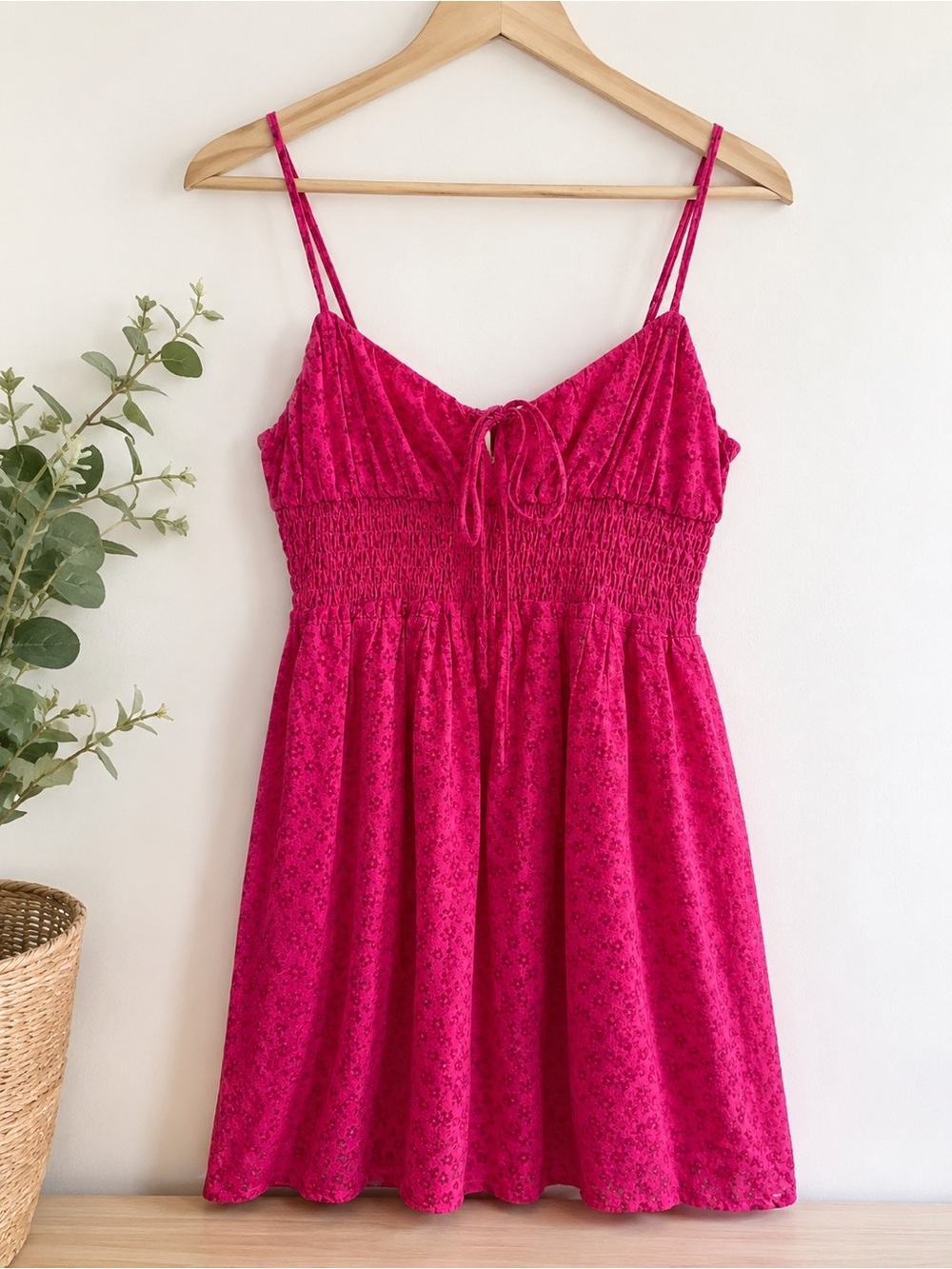 Urban Outfitters Hot Pink Tie-Front Smocked Mini Dress